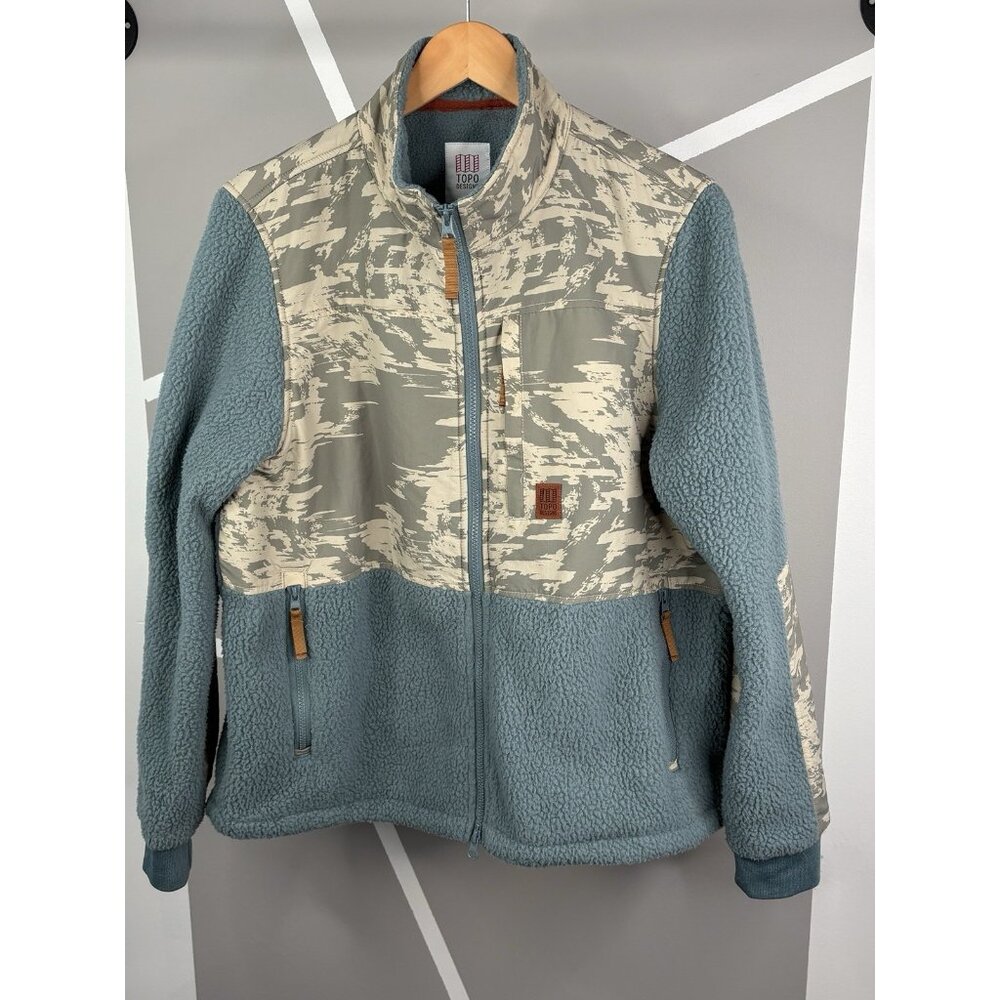 Topo Designs Blue Gray and Cream Patterned Fleece Bomber Jacket